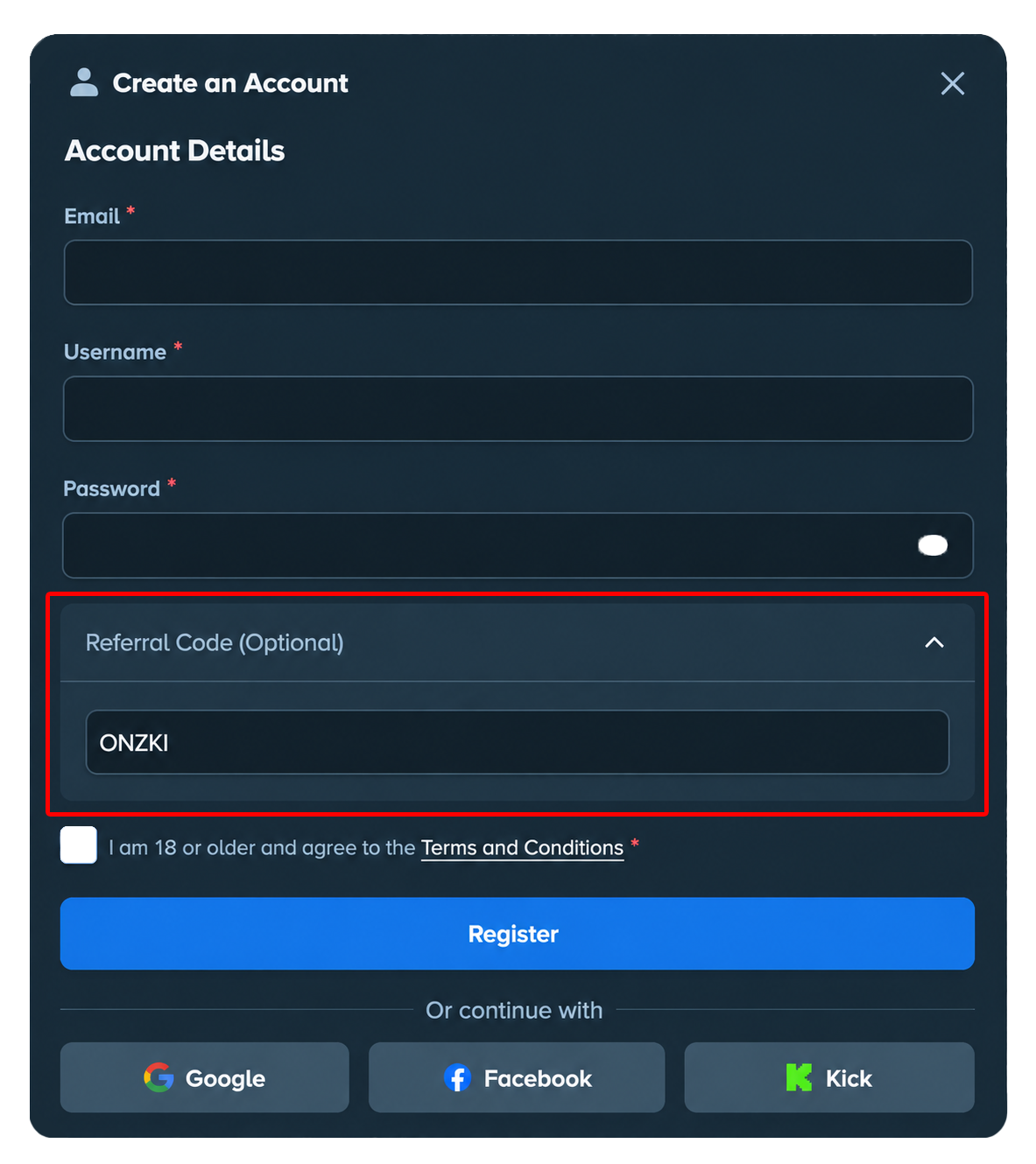 Stake registration screen with the ONZKI referral code highlighted